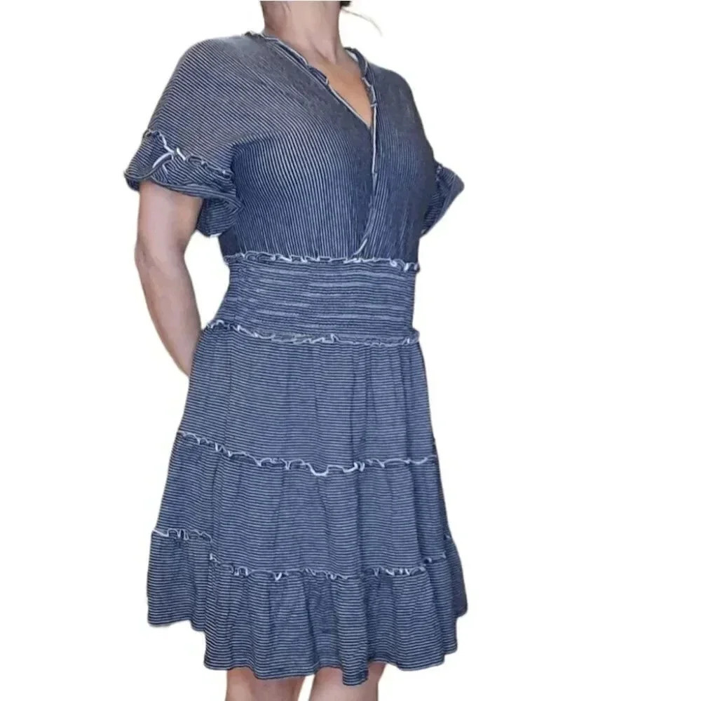 Max Studio New Smocked Waist Tiered Dress Black and White - Picture 2 of 5